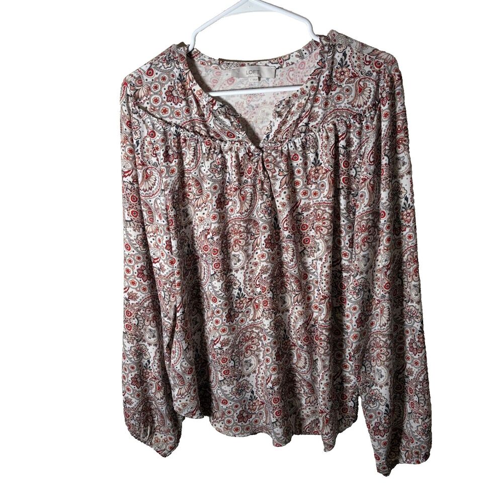 Loft Blouse Women's Large V-Neck Floral Long Sleeve Printed Career Top Shirt